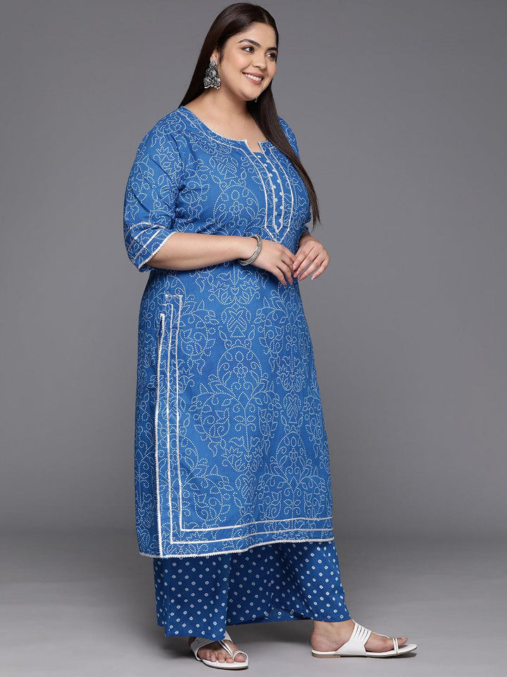 Plus Size Navy Blue Printed Cotton Straight Kurta With Palazzos & Dupatta