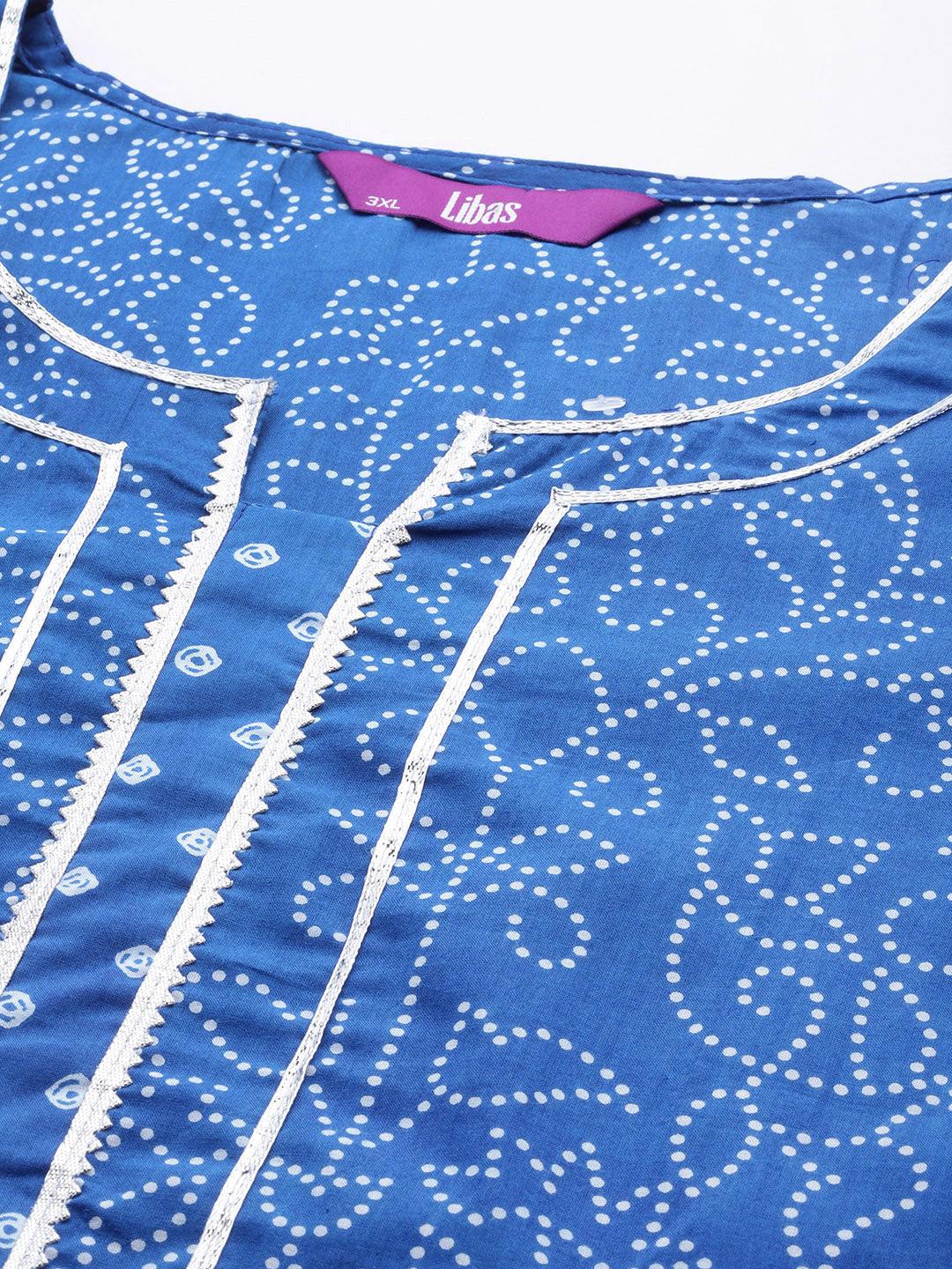 Plus Size Navy Blue Printed Cotton Straight Kurta With Palazzos & Dupatta - ShopLibas 