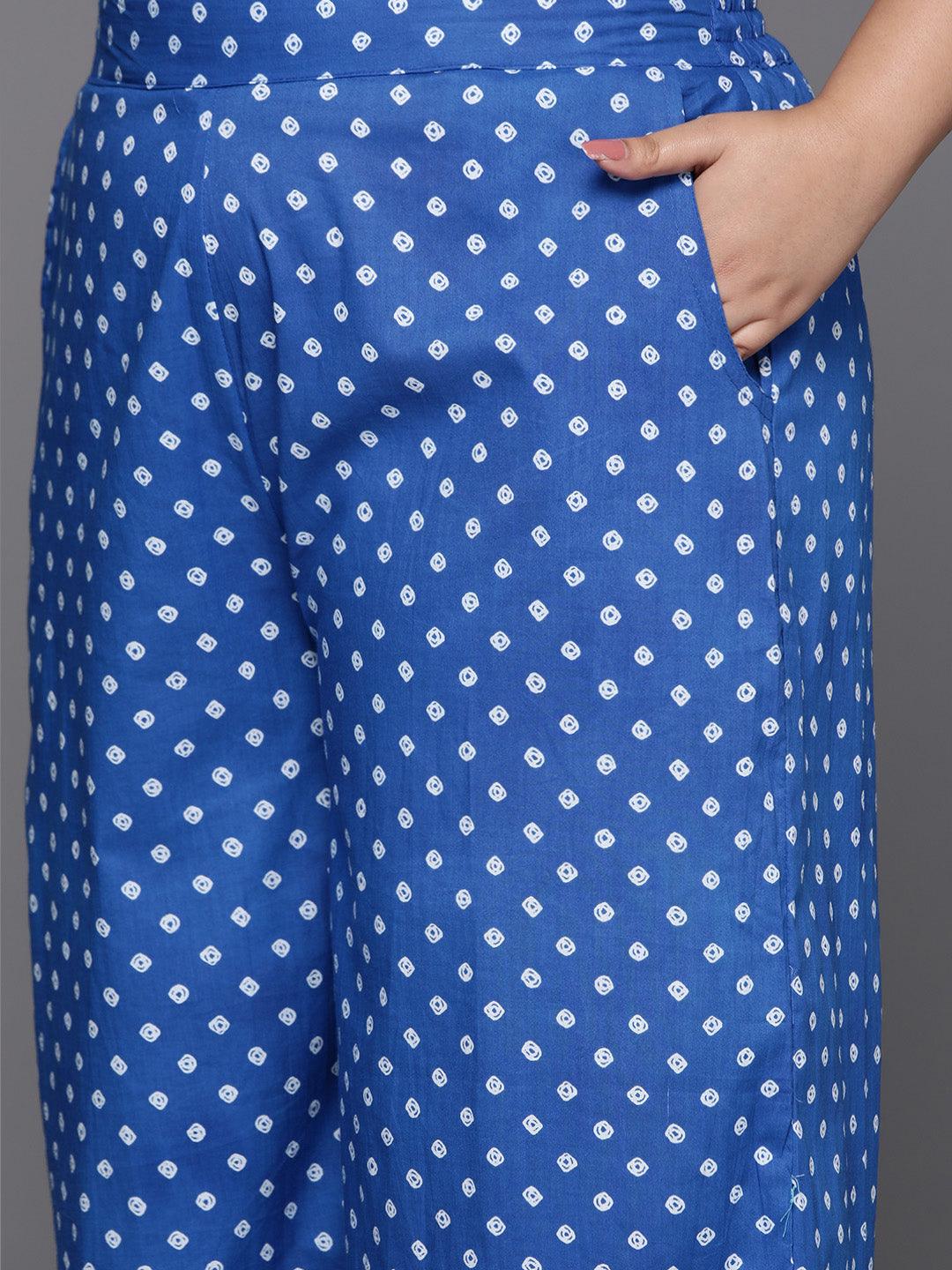 Plus Size Navy Blue Printed Cotton Straight Kurta With Palazzos & Dupatta - ShopLibas 
