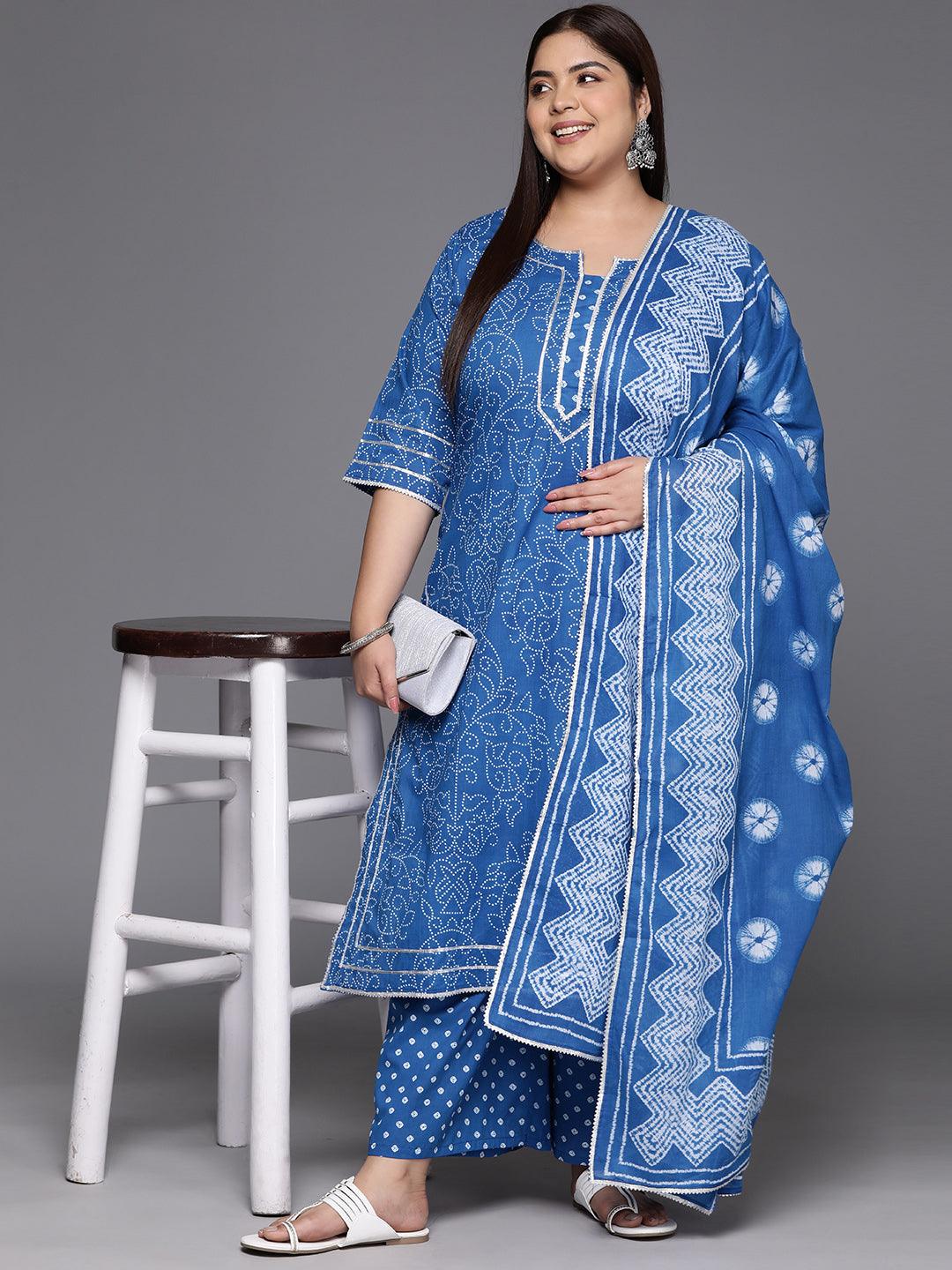 Plus Size Navy Blue Printed Cotton Straight Kurta With Palazzos & Dupatta - ShopLibas 