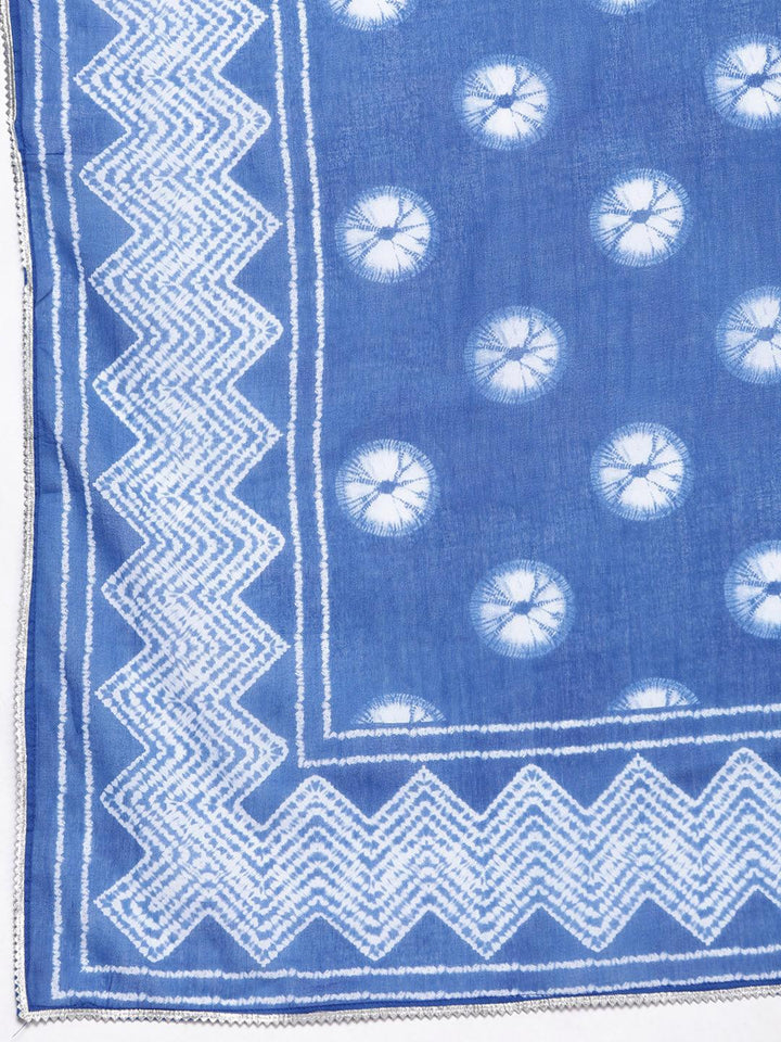 Plus Size Navy Blue Printed Cotton Straight Kurta With Palazzos & Dupatta
