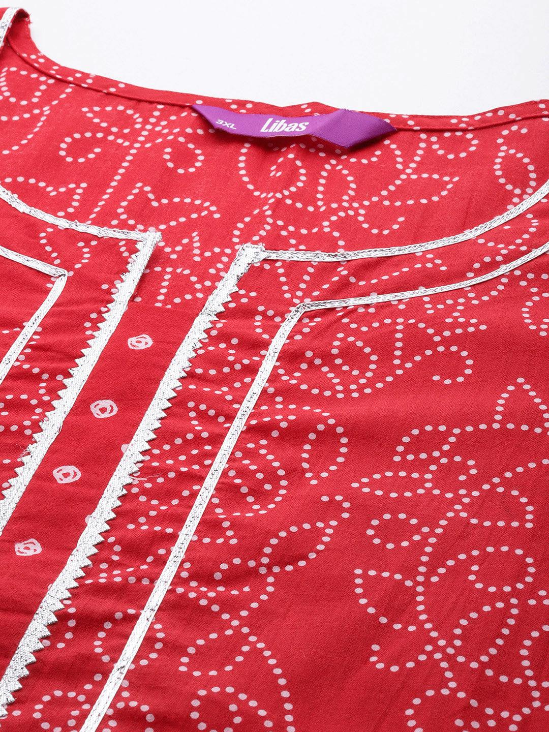 Plus Size Red Printed Cotton Straight Kurta With Palazzos & Dupatta - ShopLibas 