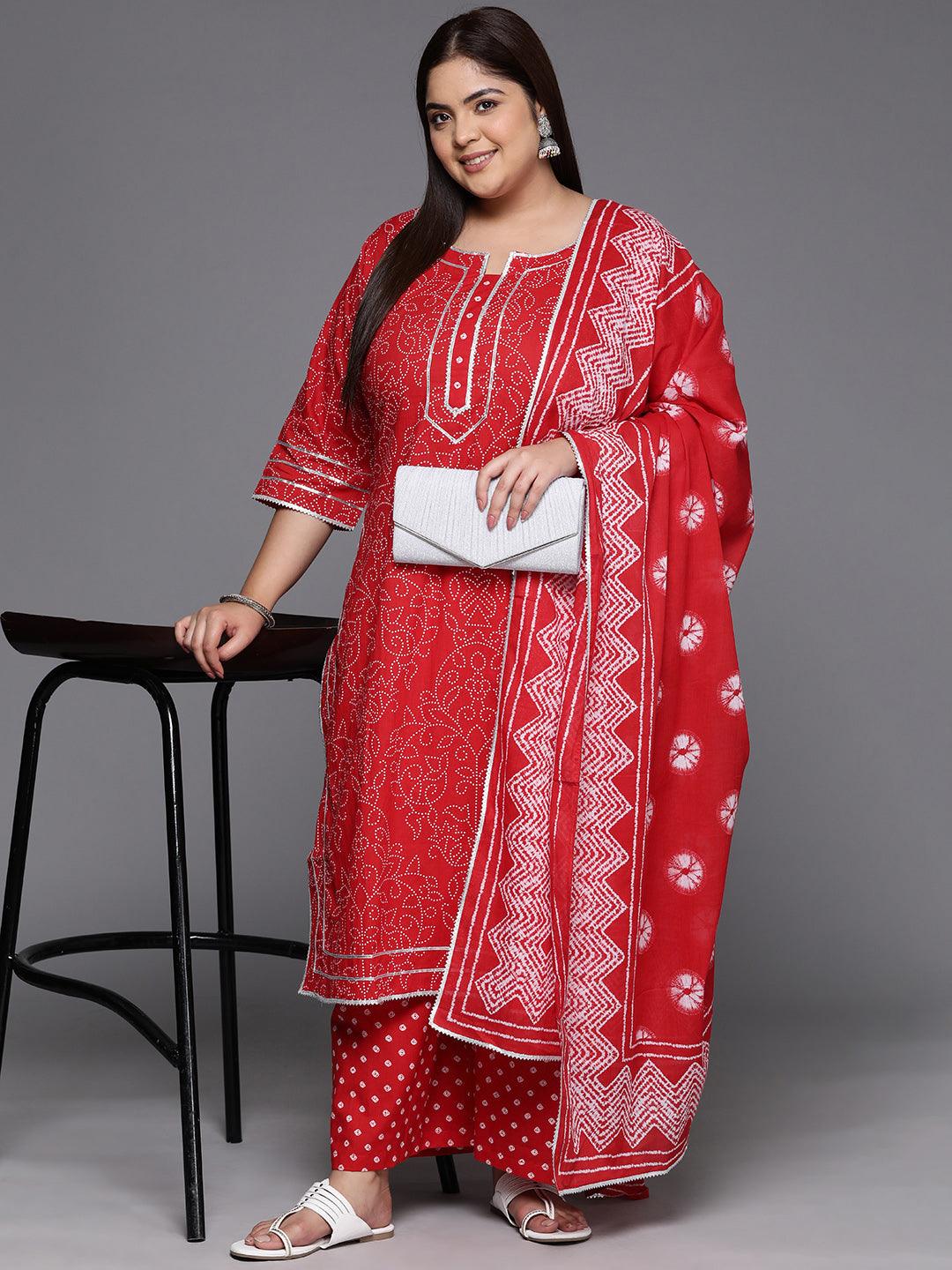 Plus Size Red Printed Cotton Straight Kurta With Palazzos & Dupatta - ShopLibas 