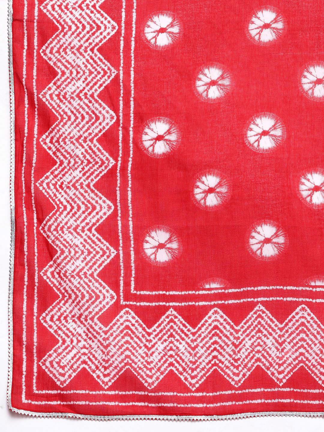 Plus Size Red Printed Cotton Straight Kurta With Palazzos & Dupatta - ShopLibas 