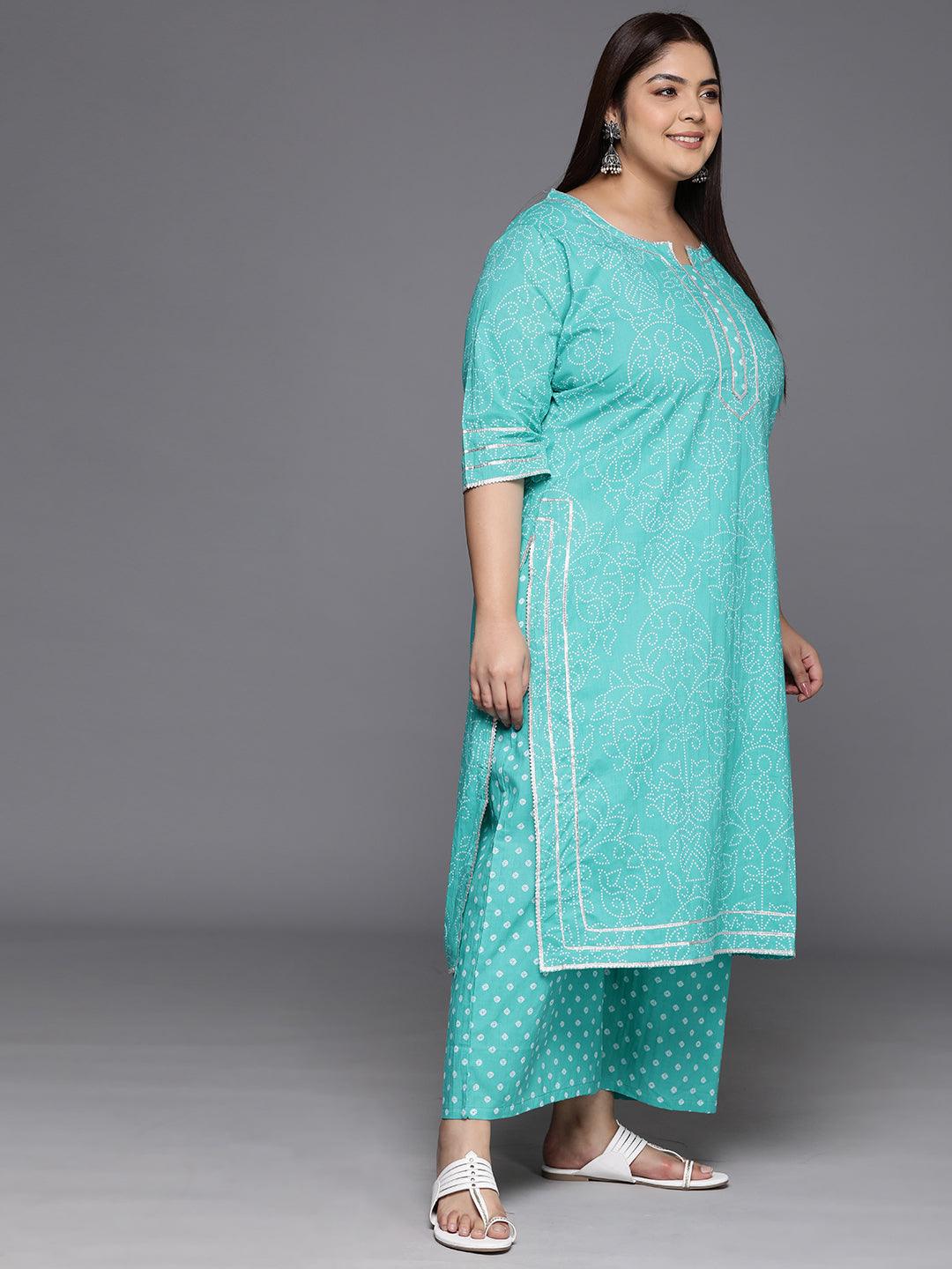 Plus Size Turquoise Blue Printed Cotton Straight Kurta With Palazzos & Dupatta - ShopLibas 