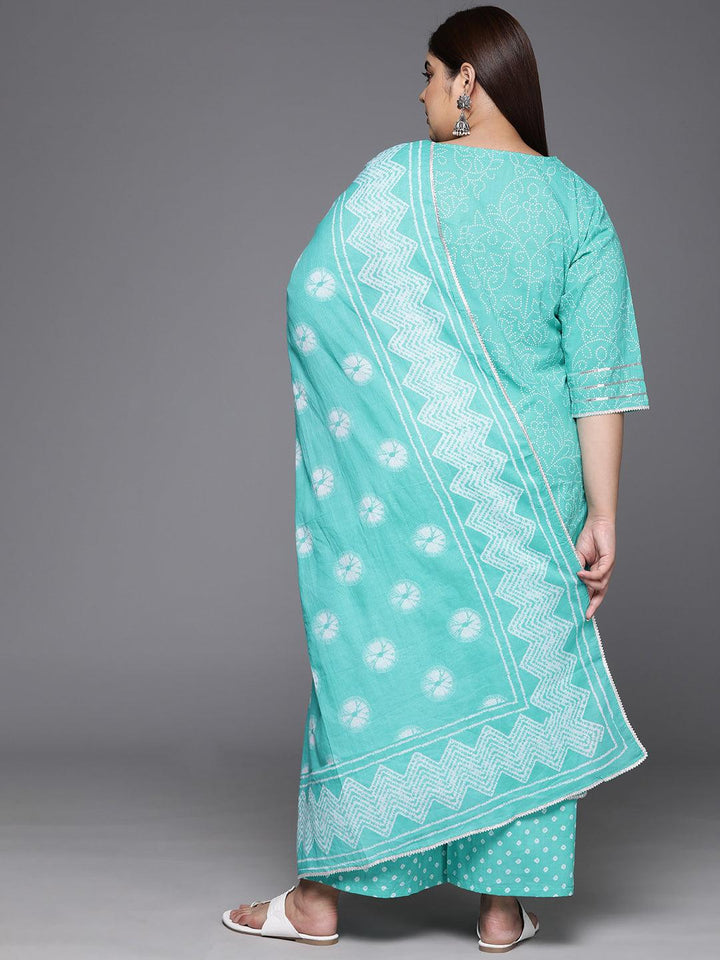 Plus Size Turquoise Blue Printed Cotton Straight Kurta With Palazzos & Dupatta
