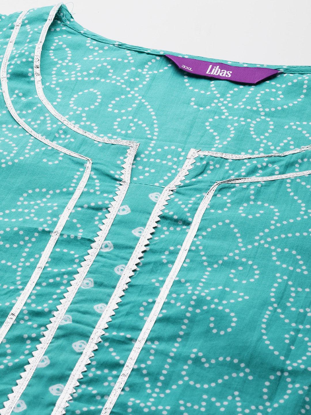 Plus Size Turquoise Blue Printed Cotton Straight Kurta With Palazzos & Dupatta - ShopLibas 