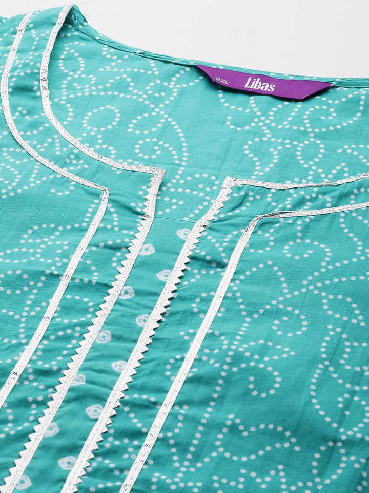 Plus Size Turquoise Blue Printed Cotton Straight Kurta With Palazzos & Dupatta
