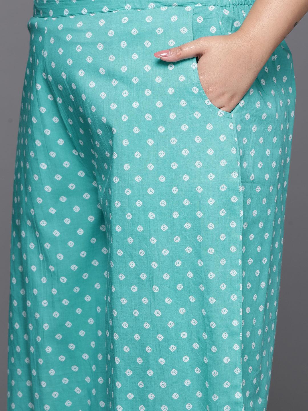 Plus Size Turquoise Blue Printed Cotton Straight Kurta With Palazzos & Dupatta - ShopLibas 