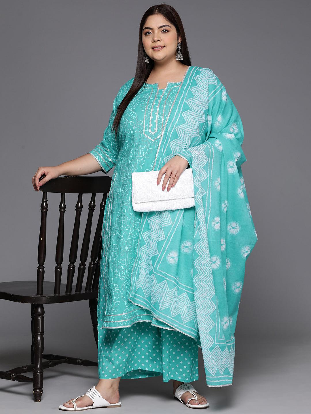 Plus Size Turquoise Blue Printed Cotton Straight Kurta With Palazzos & Dupatta - ShopLibas 
