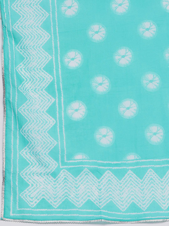 Plus Size Turquoise Blue Printed Cotton Straight Kurta With Palazzos & Dupatta