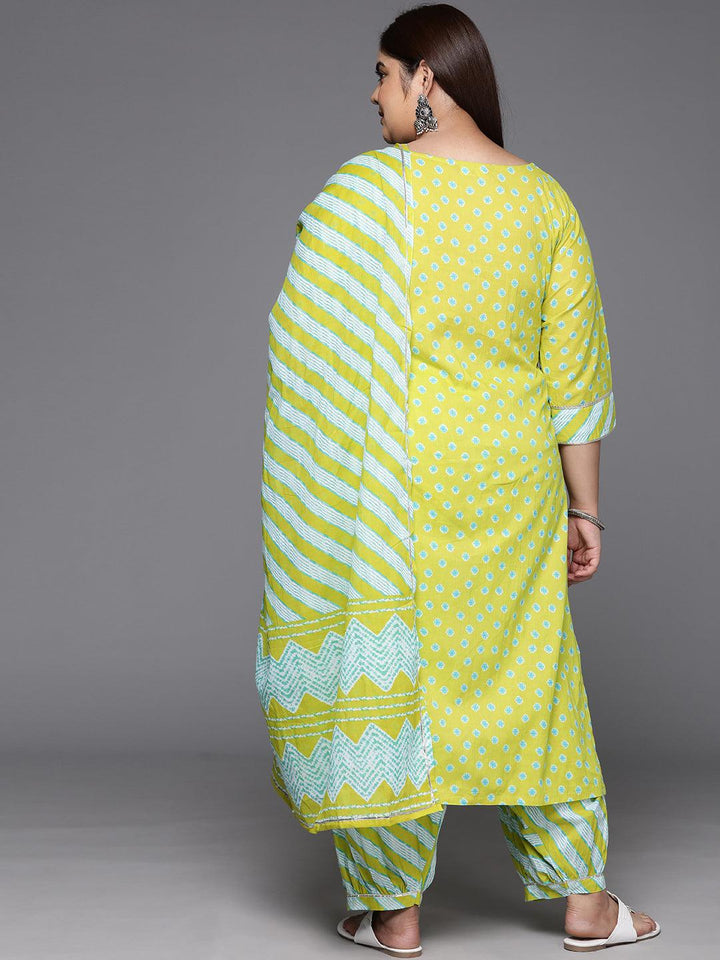 Plus Size Lime Green Yoke Design Cotton Straight Kurta With Salwar & Dupatta