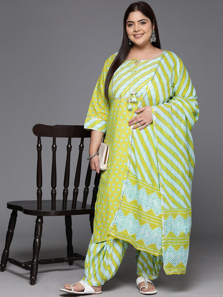 Plus Size Lime Green Yoke Design Cotton Straight Kurta With Salwar & Dupatta