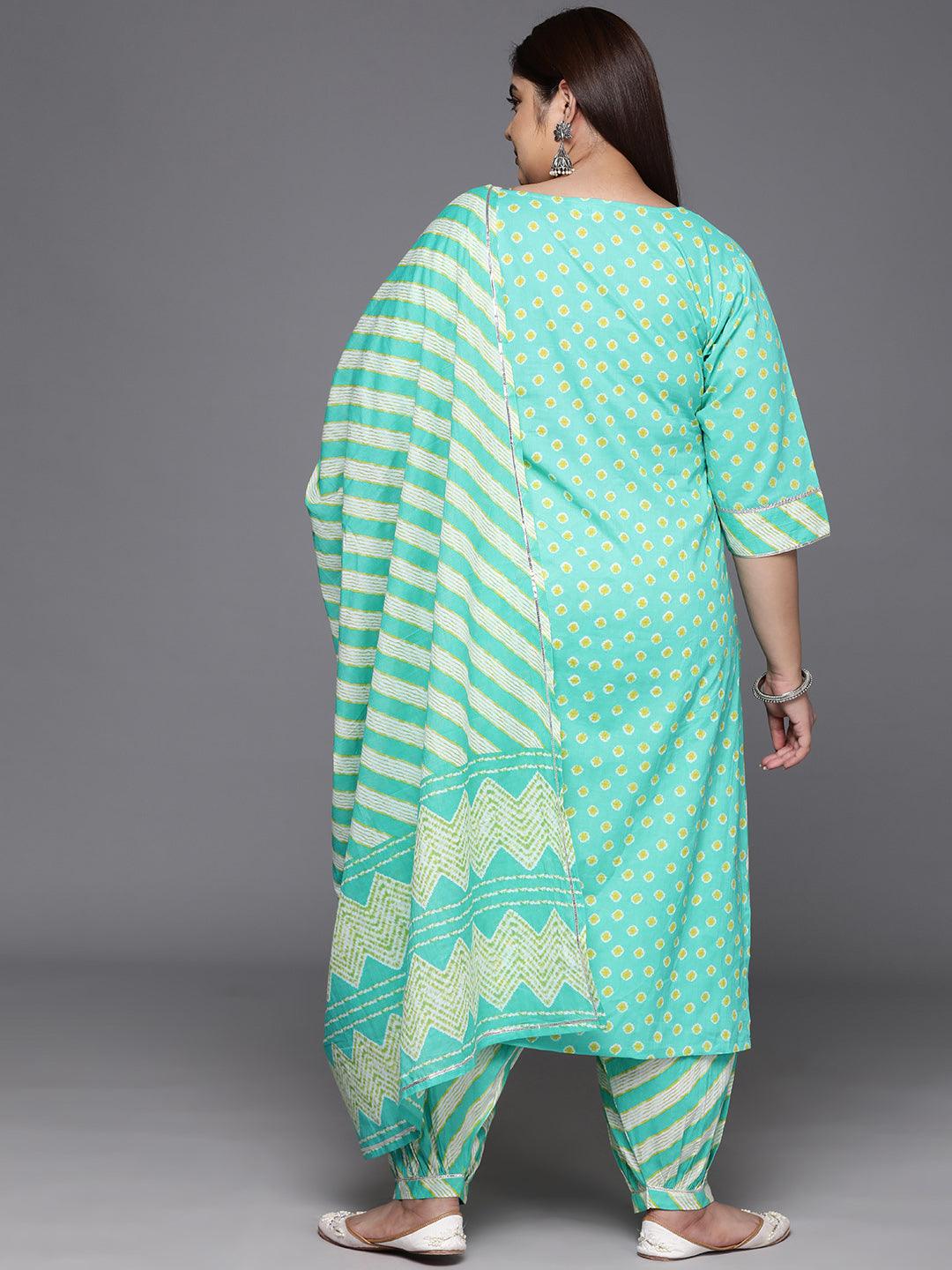 Plus Size Turquoise Blue Yoke Design Cotton Straight Kurta With Salwar & Dupatta - ShopLibas 