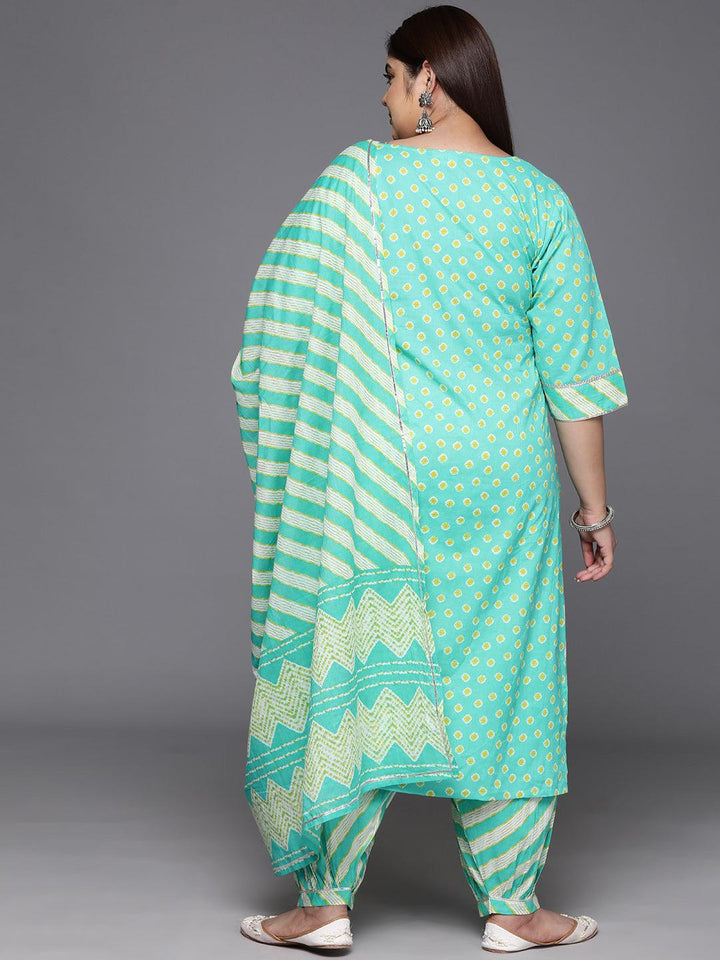 Plus Size Turquoise Blue Yoke Design Cotton Straight Kurta With Salwar & Dupatta