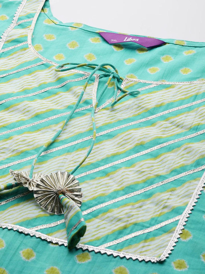 Plus Size Turquoise Blue Yoke Design Cotton Straight Kurta With Salwar & Dupatta