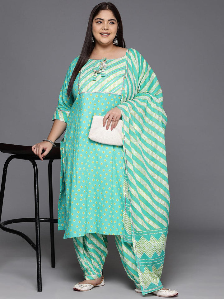 Plus Size Turquoise Blue Yoke Design Cotton Straight Kurta With Salwar & Dupatta
