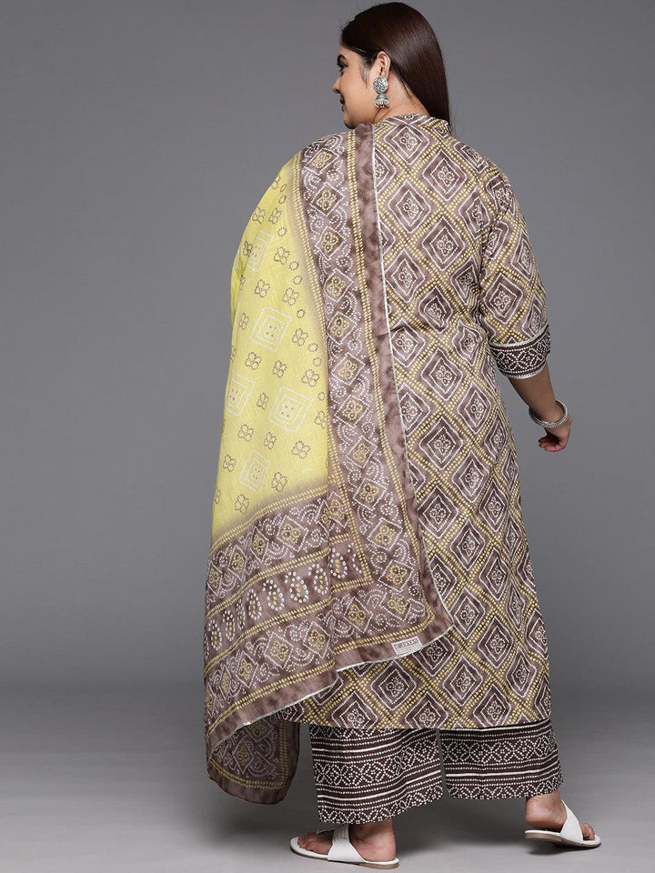 Plus Size Brown Printed Cotton Straight Kurta With Trousers & Dupatta