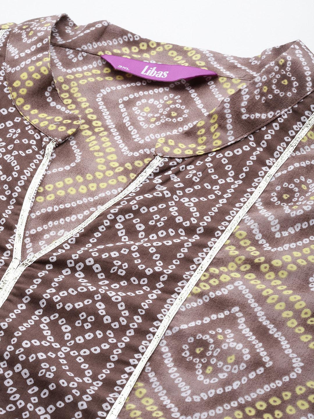 Plus Size Brown Printed Cotton Straight Kurta With Trousers & Dupatta - ShopLibas 