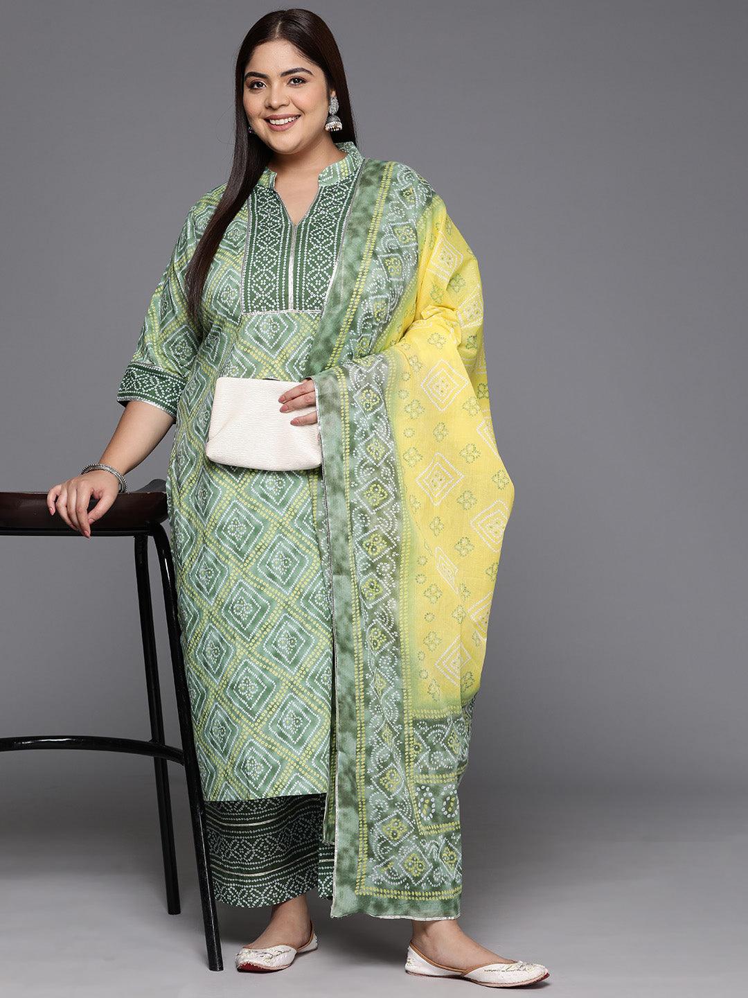 Plus Size Green Printed Cotton Straight Kurta With Trousers & Dupatta - ShopLibas 