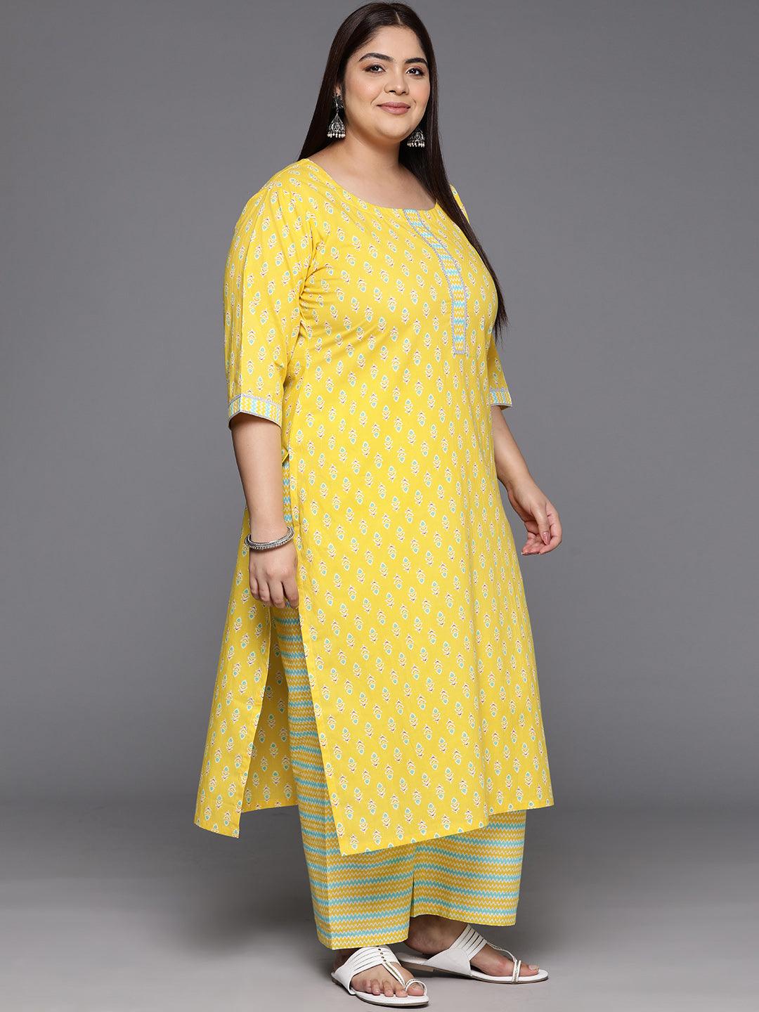 Plus Size Yellow Printed Cotton Straight Kurta With Trousers & Dupatta - ShopLibas 