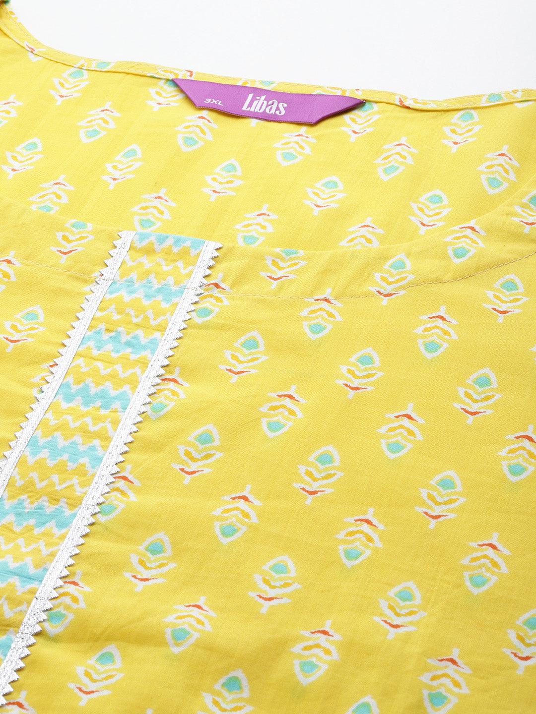 Plus Size Yellow Printed Cotton Straight Kurta With Trousers & Dupatta - ShopLibas 