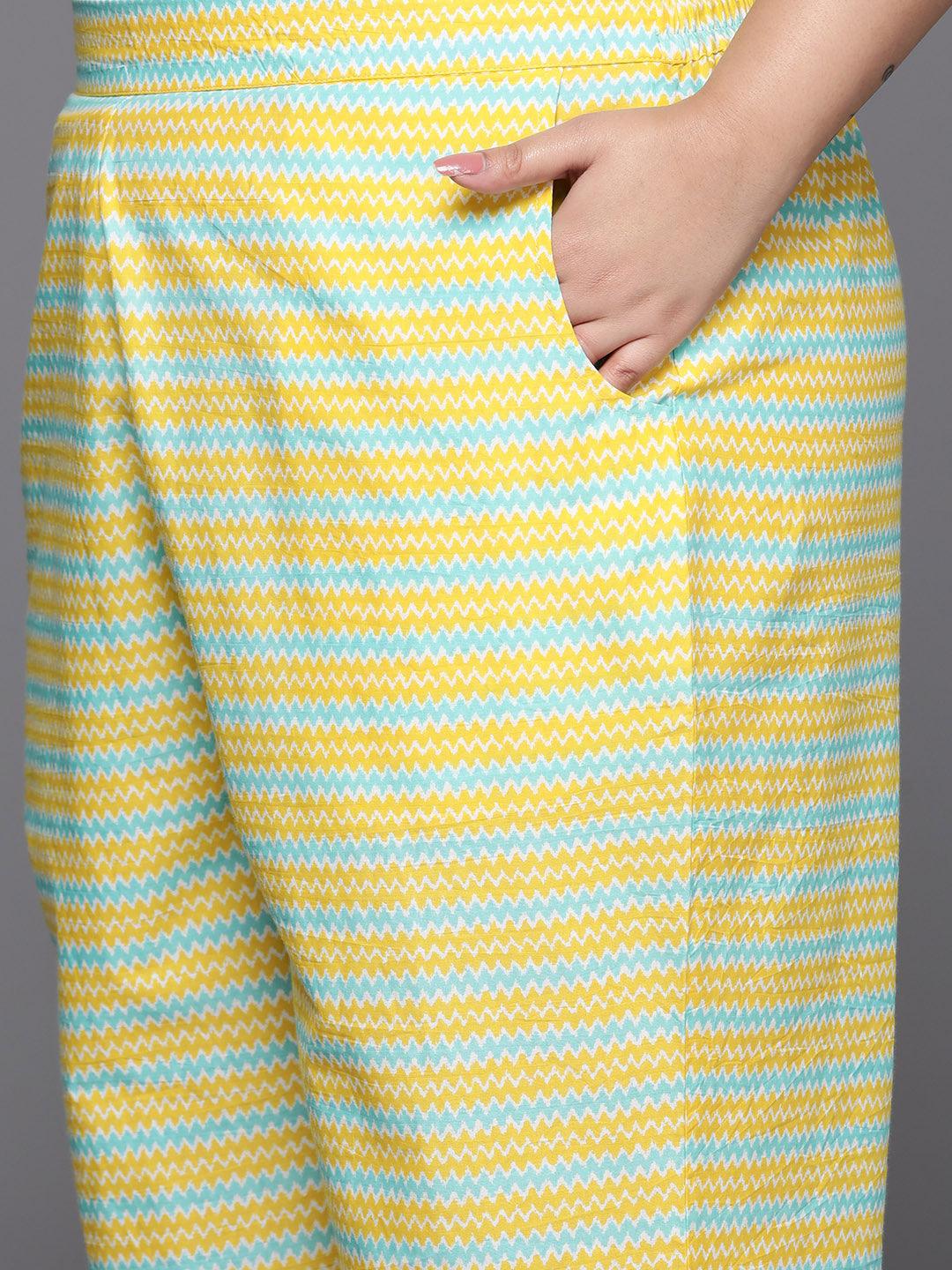 Plus Size Yellow Printed Cotton Straight Kurta With Trousers & Dupatta - ShopLibas 