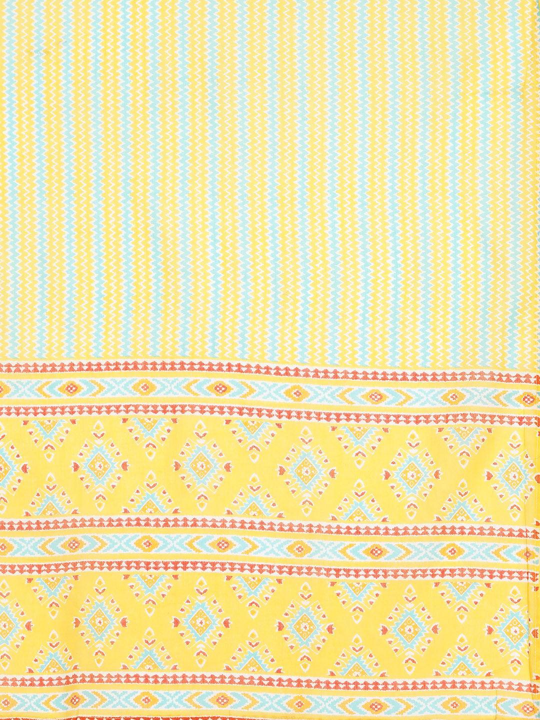 Plus Size Yellow Printed Cotton Straight Kurta With Trousers & Dupatta - ShopLibas 