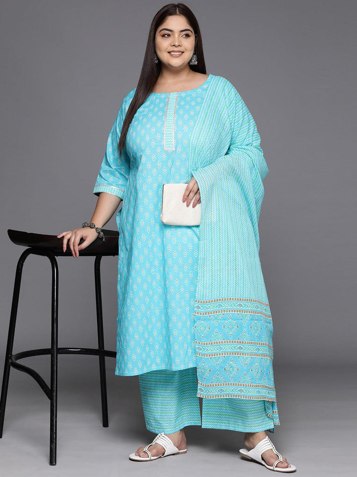 Plus Size Turquoise Blue Printed Cotton Straight Kurta With Trousers & Dupatta