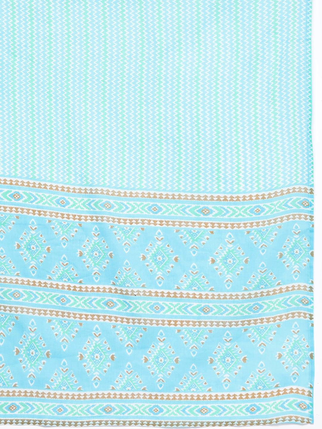 Plus Size Turquoise Blue Printed Cotton Straight Kurta With Trousers & Dupatta - ShopLibas 