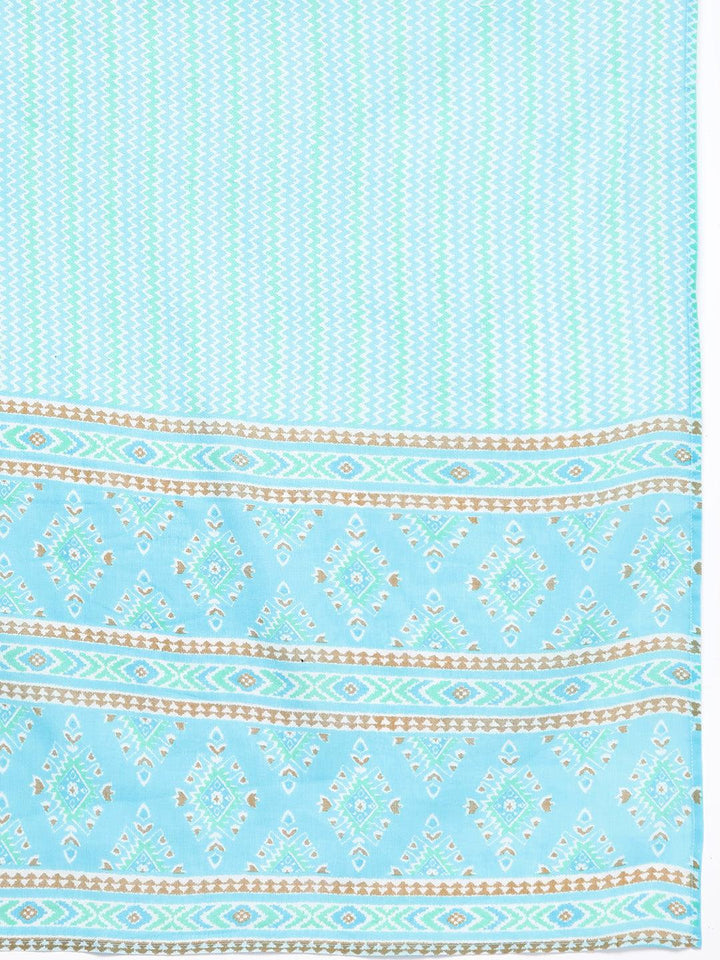 Plus Size Turquoise Blue Printed Cotton Straight Kurta With Trousers & Dupatta