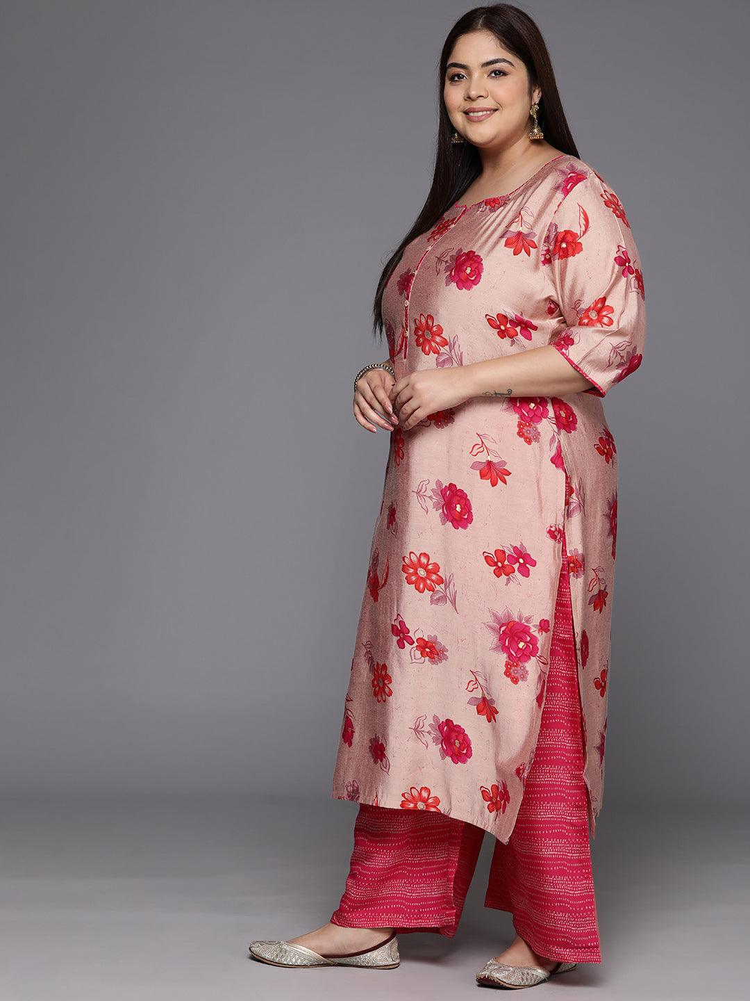 Pink Printed Silk Blend Straight Kurta With Palazzos & Dupatta - ShopLibas 
