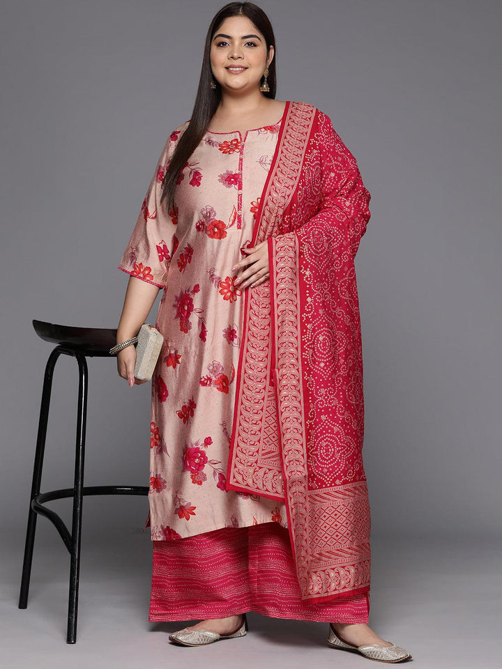 Plus Size Pink Printed Silk Blend Straight Suit With Dupatta