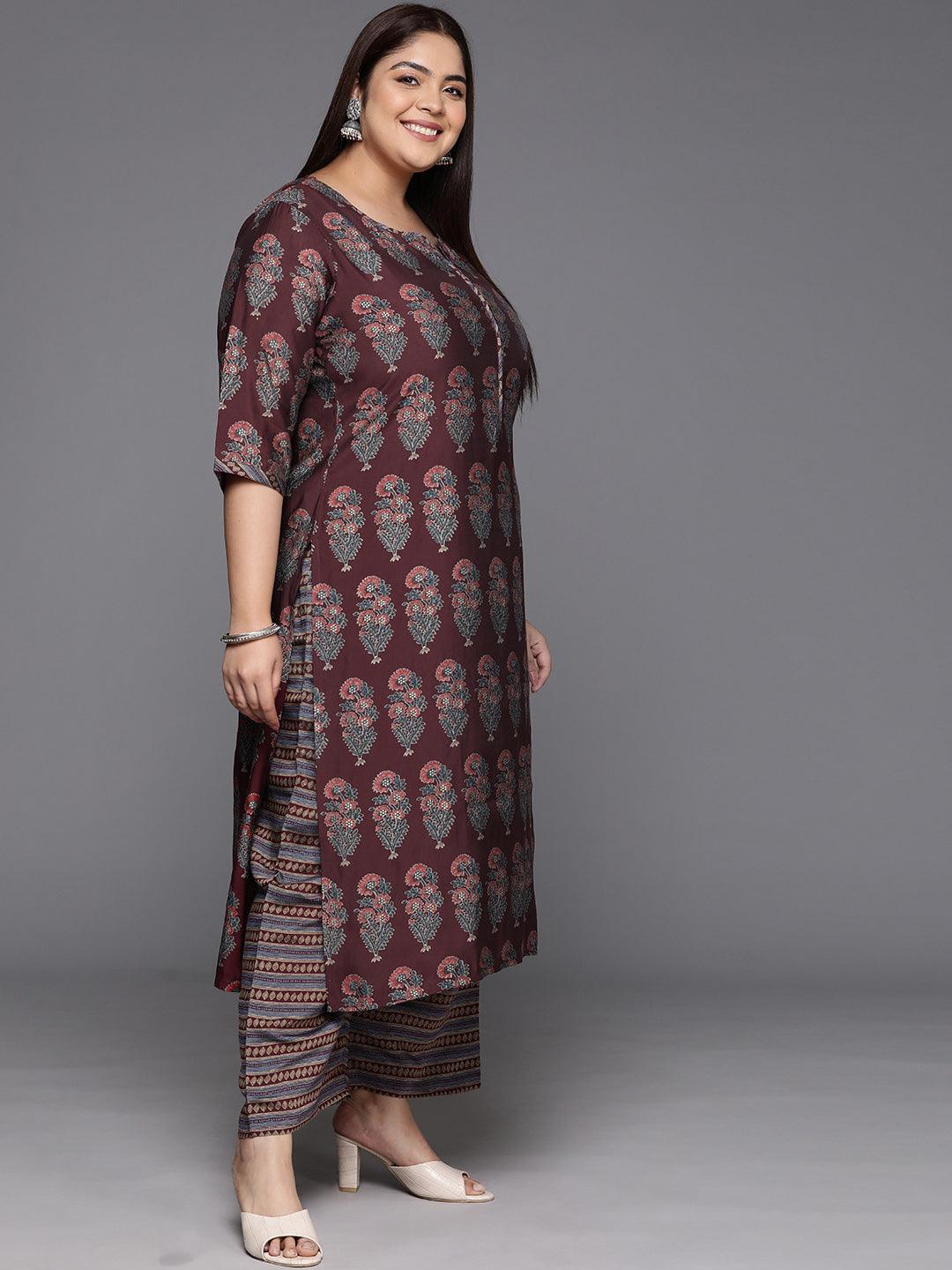 Plus Size Maroon Printed Silk Blend Straight Kurta With Trousers & Dupatta - ShopLibas 