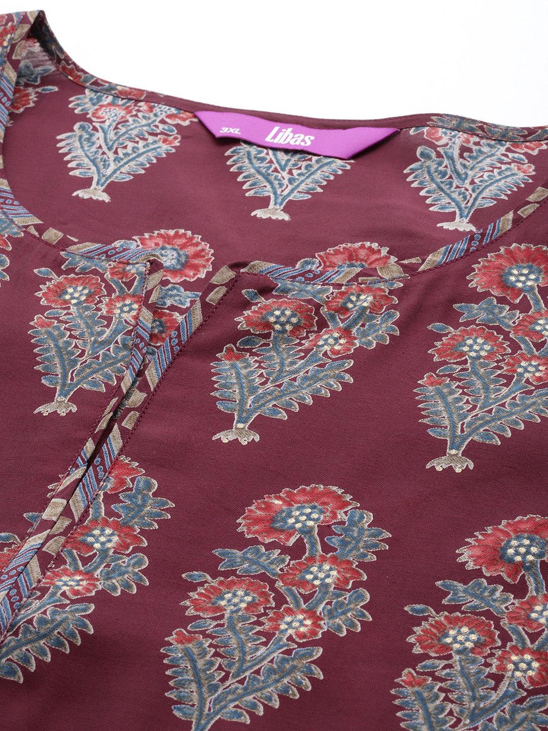 Plus Size Maroon Printed Silk Blend Straight Kurta With Trousers & Dupatta - ShopLibas 