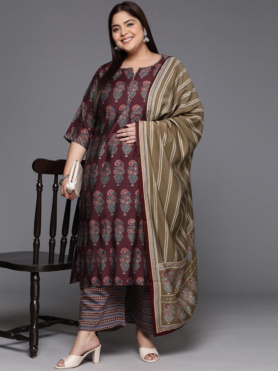 Plus Size Maroon Printed Silk Blend Straight Kurta With Trousers & Dupatta - ShopLibas 