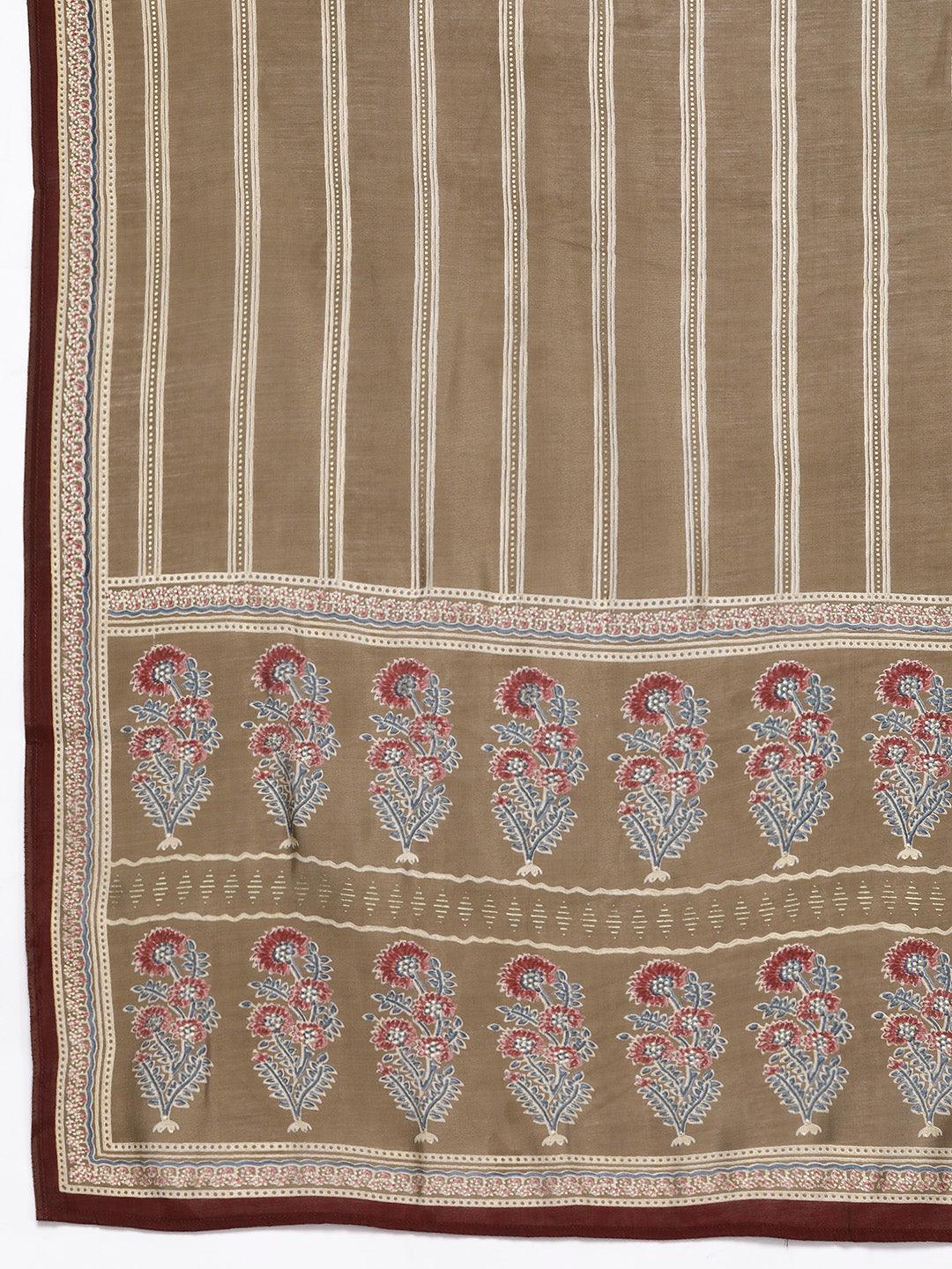 Plus Size Maroon Printed Silk Blend Straight Kurta With Trousers & Dupatta - ShopLibas 