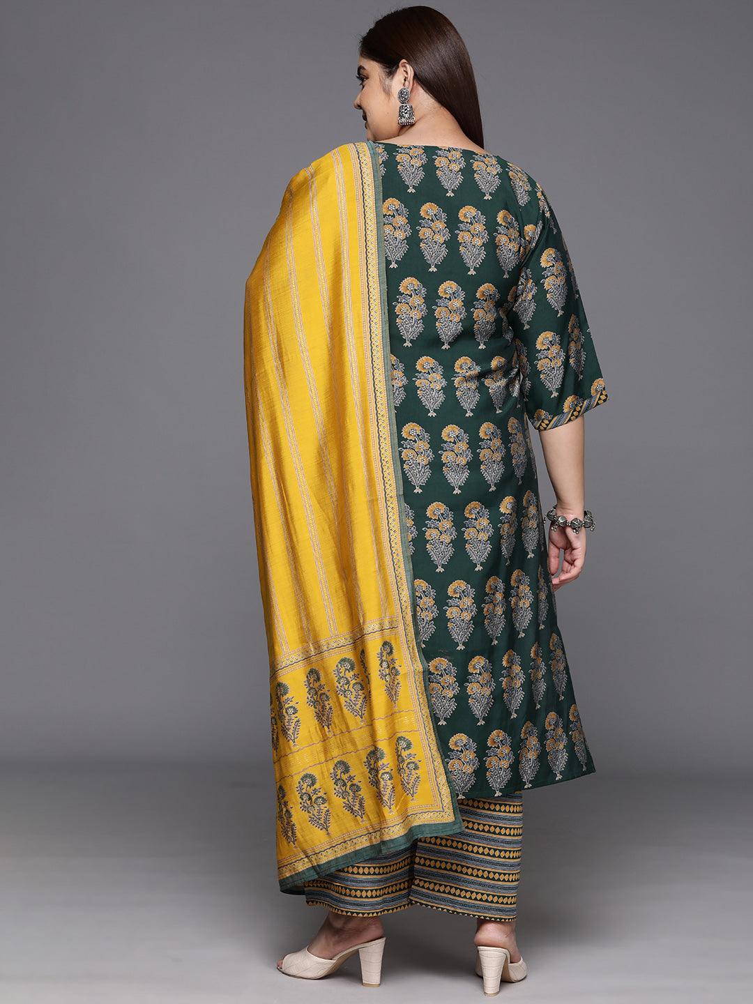 Plus Size Green Printed Silk Blend Straight Kurta With Trousers & Dupatta - ShopLibas 