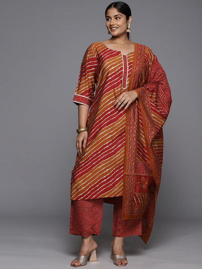 Plus Size Red Printed Silk Blend Straight Kurta With Trousers & Dupatta - ShopLibas