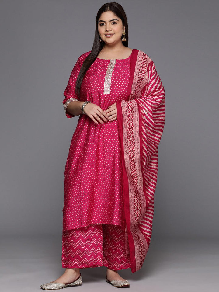 Plus Size Pink Printed Silk Blend Straight Suit With Dupatta