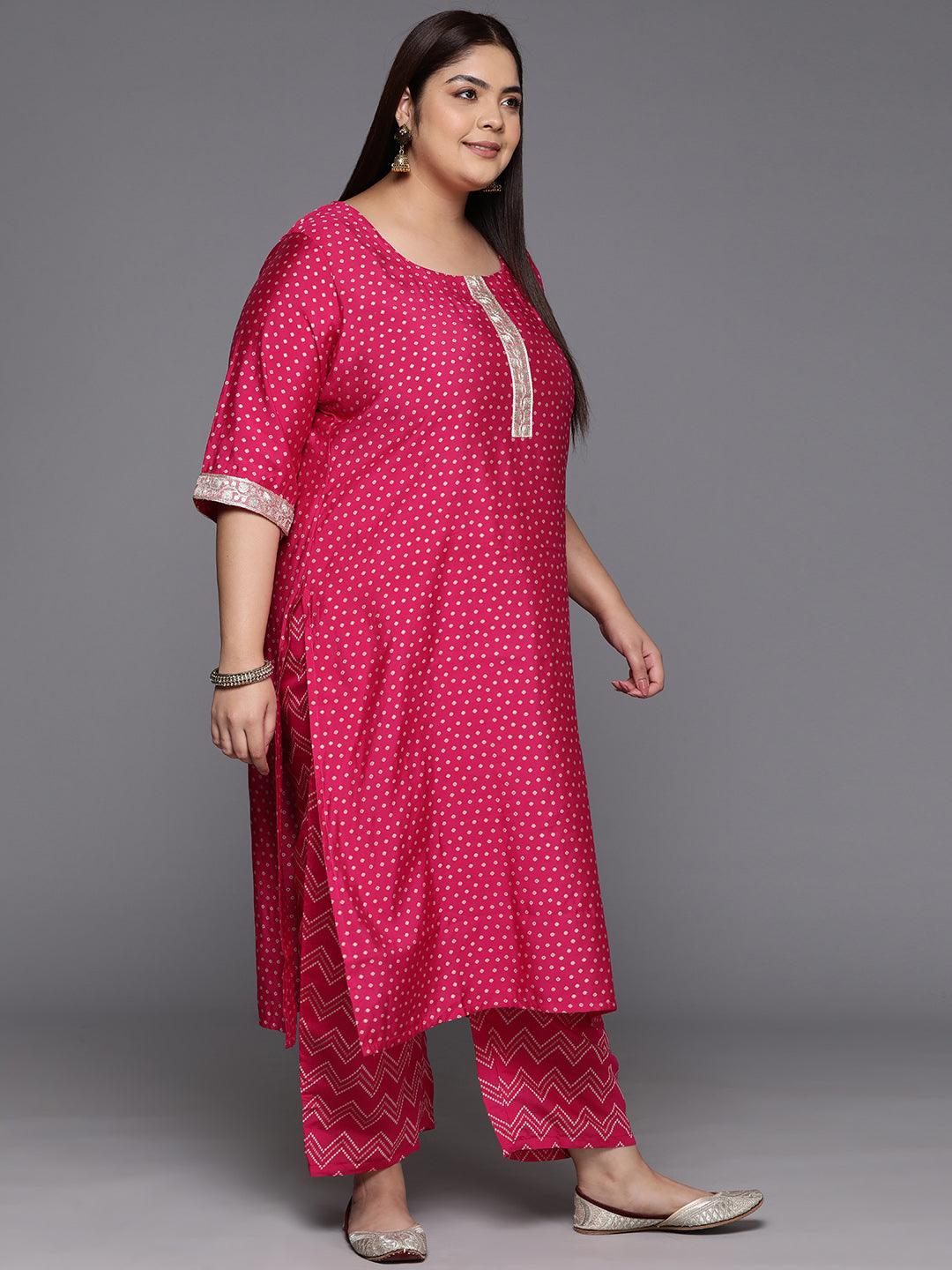 Plus Size Pink Printed Silk Blend Straight Kurta With Trousers & Dupatta - ShopLibas 