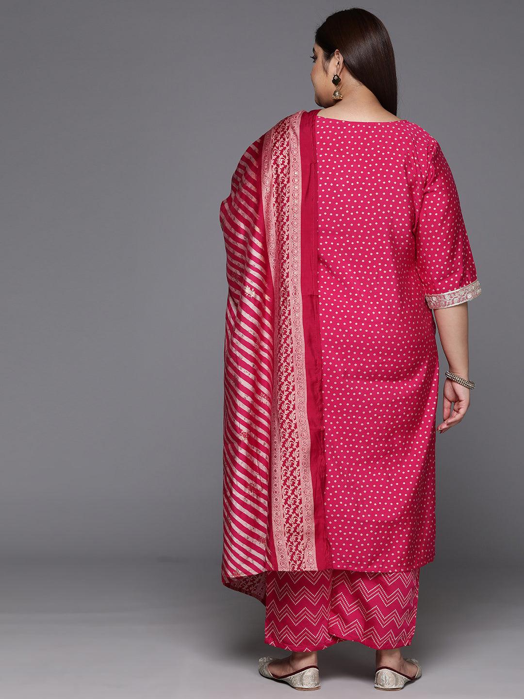 Plus Size Pink Printed Silk Blend Straight Kurta With Trousers & Dupatta - ShopLibas 