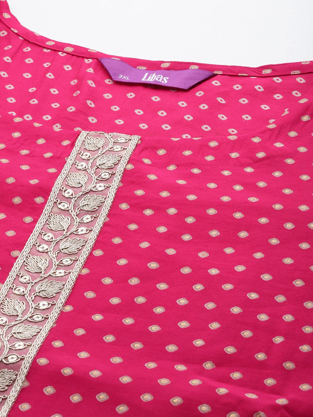Plus Size Pink Printed Silk Blend Straight Kurta With Trousers & Dupatta - ShopLibas 