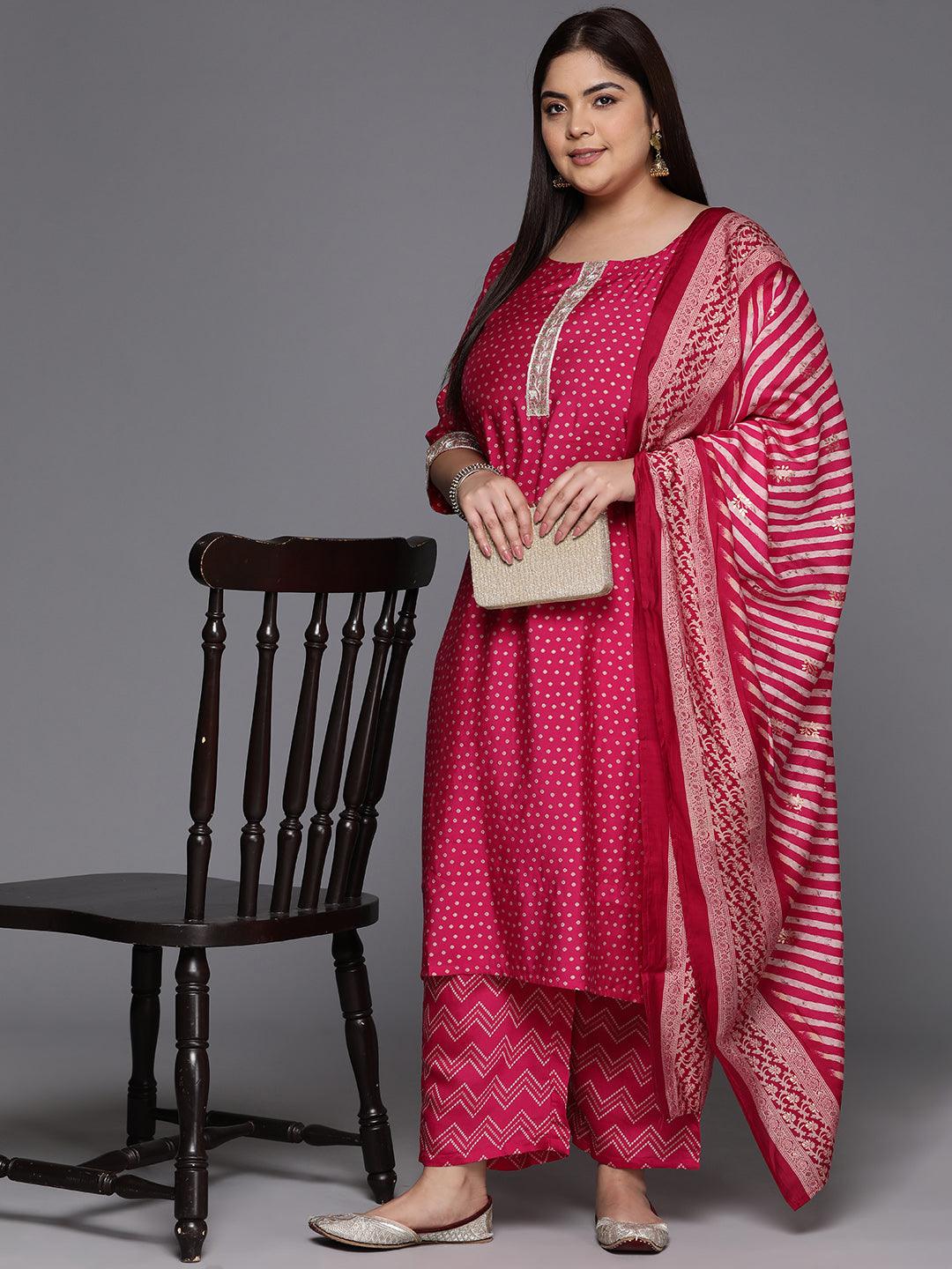 Plus Size Pink Printed Silk Blend Straight Kurta With Trousers & Dupatta - ShopLibas 