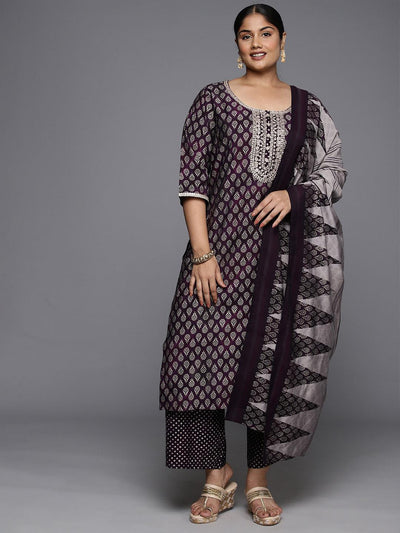 Plus Size Purple Yoke Design Silk Blend Straight Kurta With Trousers & Dupatta - ShopLibas