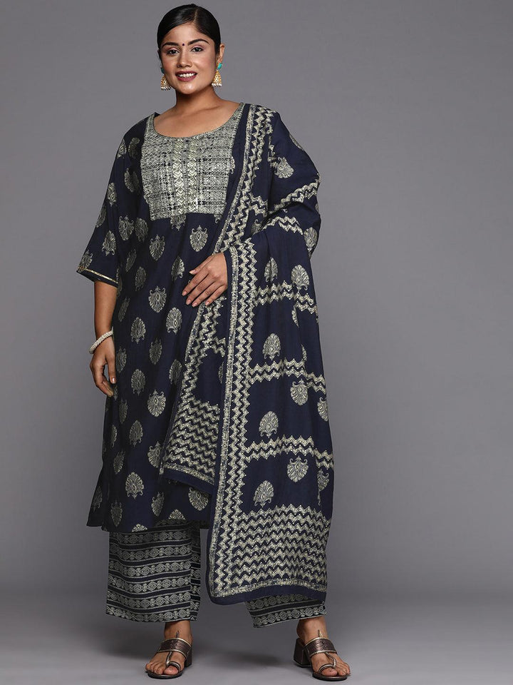 Blue Printed Silk Blend Straight Kurta With Trousers & Dupatta - ShopLibas