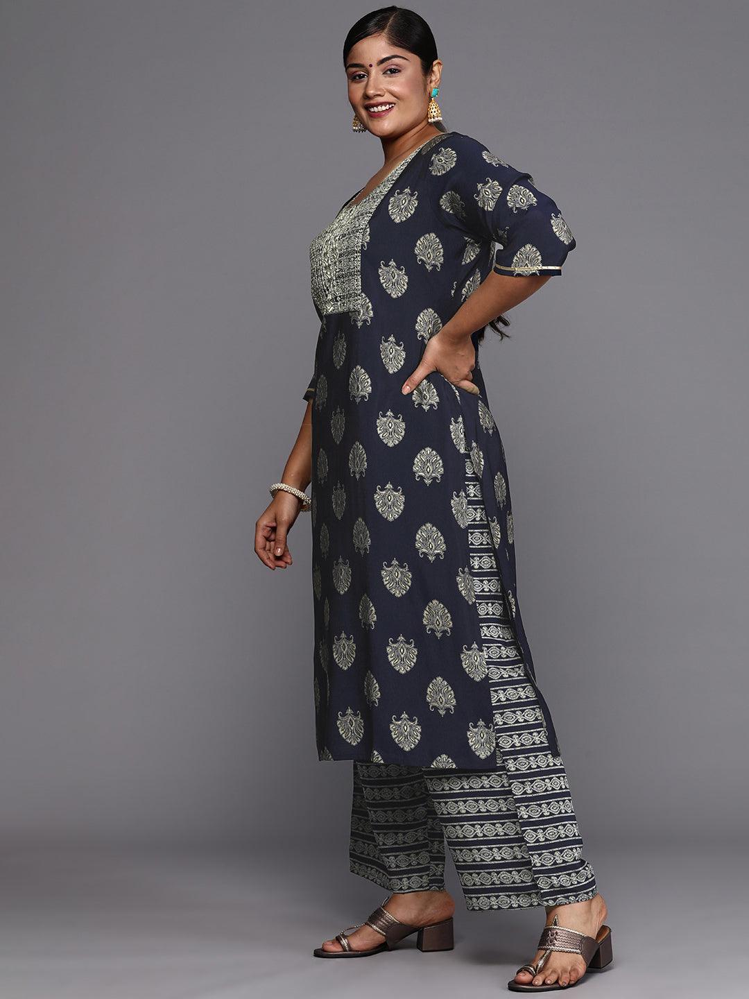 Blue Printed Silk Blend Straight Kurta With Trousers & Dupatta - ShopLibas