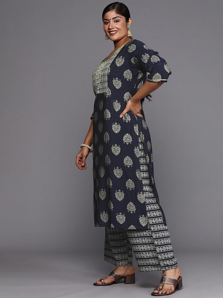 Blue Printed Silk Blend Straight Kurta With Trousers & Dupatta - ShopLibas
