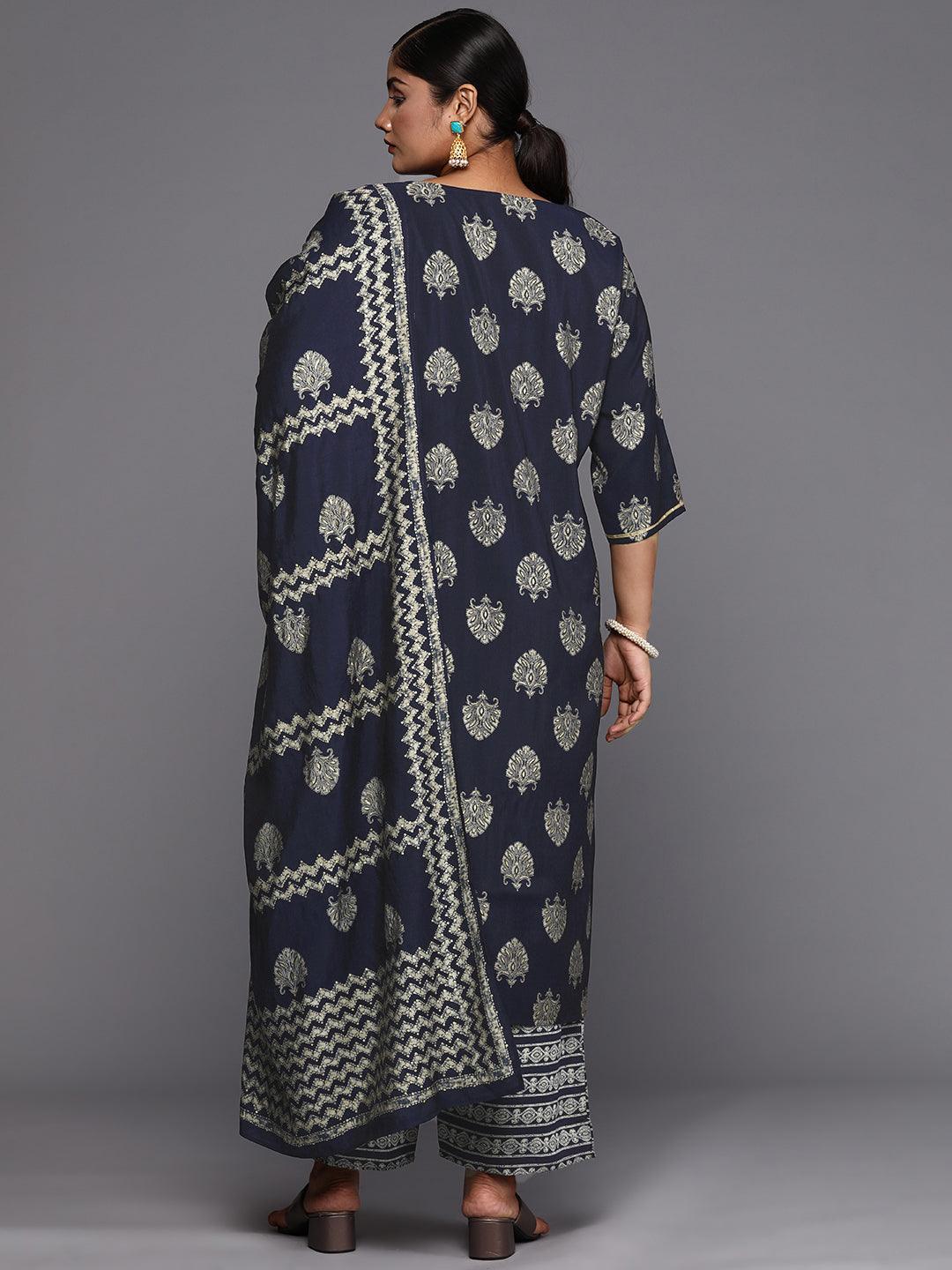 Blue Printed Silk Blend Straight Kurta With Trousers & Dupatta - ShopLibas