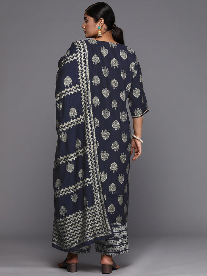 Blue Printed Silk Blend Straight Kurta With Trousers & Dupatta - ShopLibas